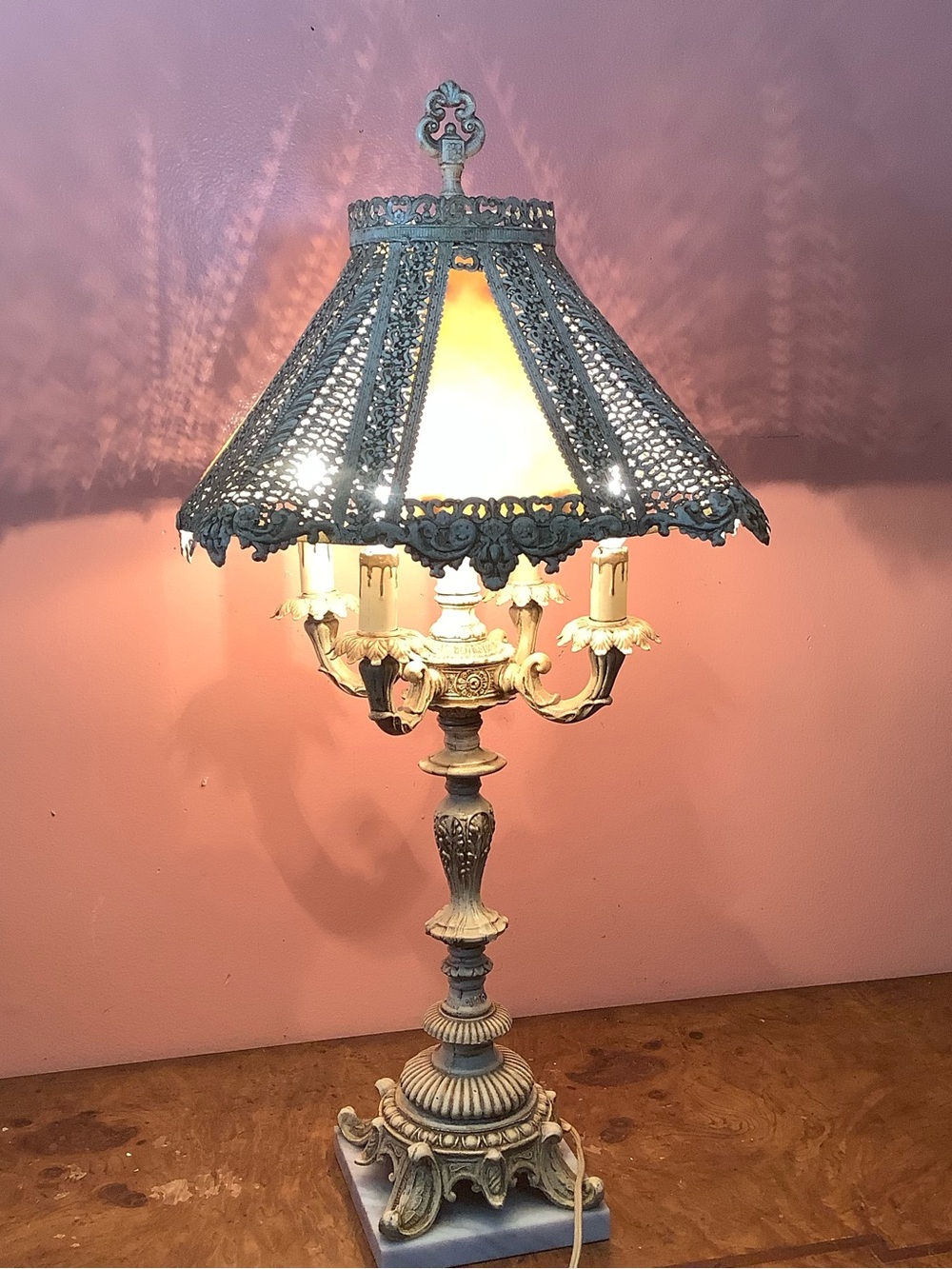 Vintage Italian 4-Light Candelabra Table Lamp Filigree Shade Carrara Marble 28”